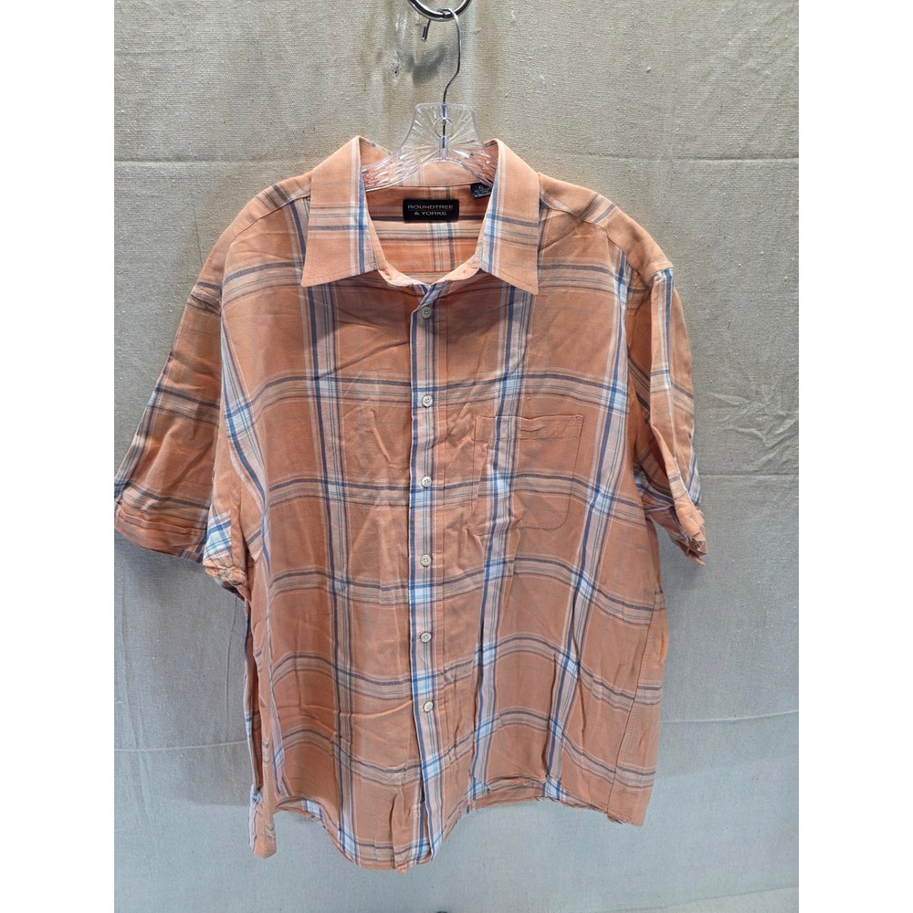 Roundtree & Yorke Mens XL Orange Plaid Cotton Linen Short Sleeve Button Up Shirt